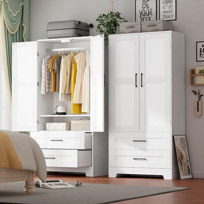 Wooden Armoire Wardrobe Closet, Bedroom Armoires with Door and Drawers, Freestanding Wardrobe Clothing Storage Cabinet with Shelves and Hanging Rod for Bedroom, Laundry Room, Cloak Room（White）