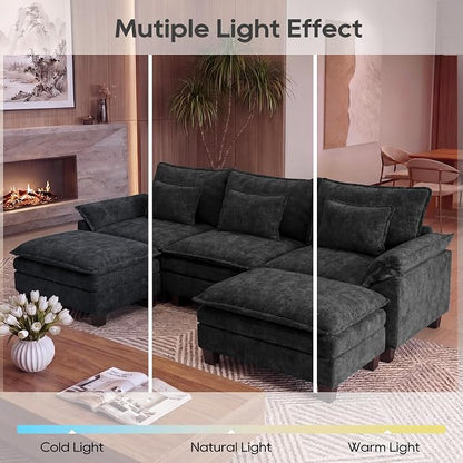 URRED Oversized Modular Sectional Sofa, 122" U Shaped Modern Comfy Cloud Couch with Movable Ottoman & Pillows, Deep Seat Couches for Living Room, Bedroom or Apartment (Chenille Black, 122" U Shaped)
