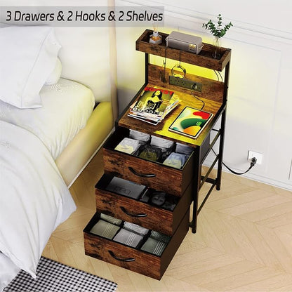 SZLHANJZ Night Stand, Nightstand with Charging Station and Led Lights, 3 Drawers Night Stand with Storage Shelf and Hooks, Tall End Side Table for Bedroom, Rustic Brown
