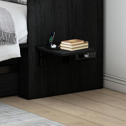 Queen Murphy Bed with Charging Station, Farmhouse Noisy-Free Foldable Cabinet Bed Frame with Storage Drawer, Space Saving Hideaway Wall Bed for Guest Bedroom, Living Room, Office, Black