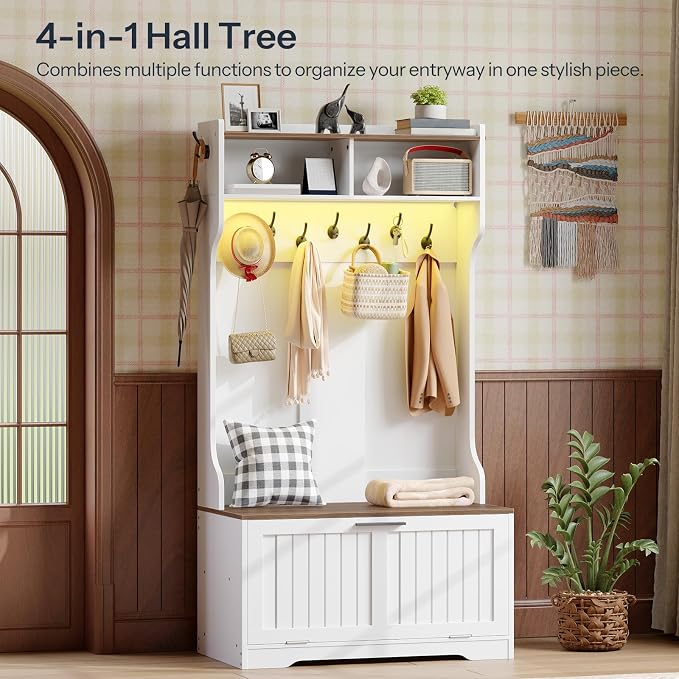 HOOBRO Hall Tree with Bench, 15.7''W Entryway Bench with Coat Rack, Shoe Cabinet with Flip Drawer, LED Hall Tree with 9 Hooks and 2 Open Compartments, Wooden, for Hallway, White and Walnut WH86DMT01