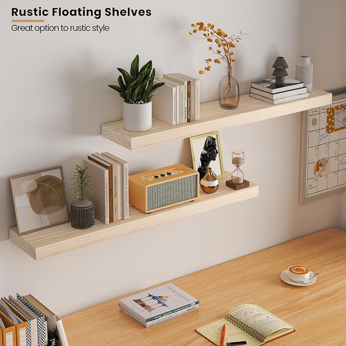 Vivelove Natural Wood Floating Shelves 36”，8 inch Deep Floating Shelf with Invisible Brackets, Unfinished Wall Shelves for Living Room, Bathroom, Kitchen, Bedroom, Home Decor, Set of 2 - Natural