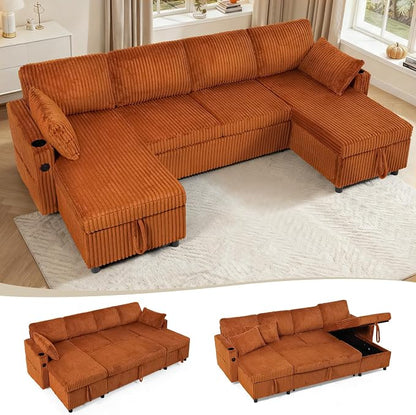 110" Corduroy U-Shape Sofa Bed with Adjustable Backrests, Upholstered Pull Out Sofa Bed with USB Ports, Convertible Sectional Sleeper Couch with Storage Chaise for Living Room, House, Orange