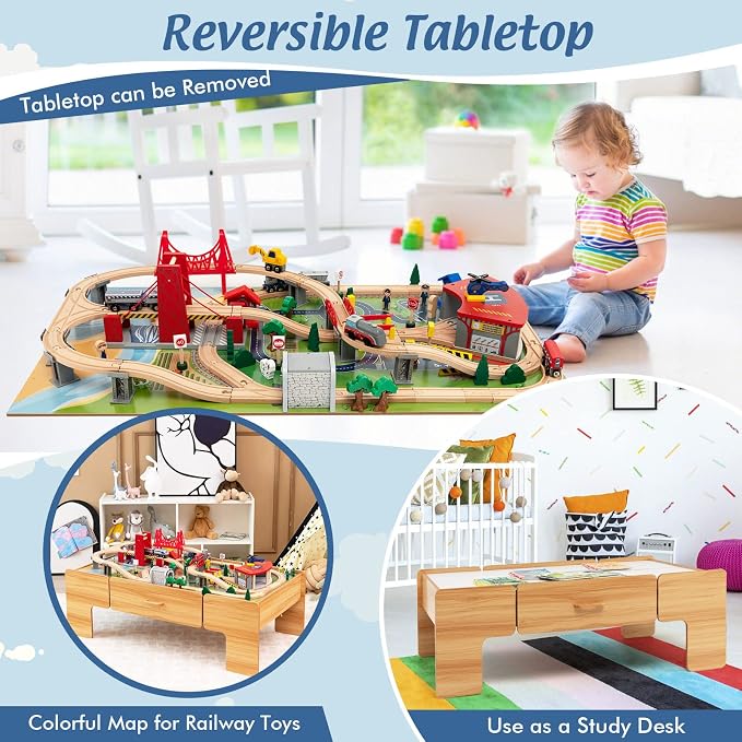 Costzon 2-in-1 Wooden Train Table with Storage Drawer | Kids Activity Table w/ 100 Pieces Railway, Track, Cars, City, DIY Design, Reversible Tabletop, Gift for Boys Girls