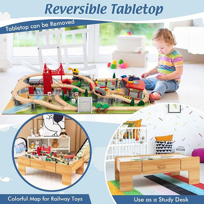Costzon 2-in-1 Wooden Train Table with Storage Drawer | Kids Activity Table w/ 100 Pieces Railway, Track, Cars, City, DIY Design, Reversible Tabletop, Gift for Boys Girls