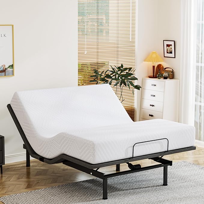 Dyonery Queen Adjustable Bed Base Frame with Wireless Remote + 12 Inch Queen Green Tea Gel Memory Foam Mattress Bed in a Box, Head and Foot Incline, Zero Gravity, Fiberglass Free, 80" × 60"
