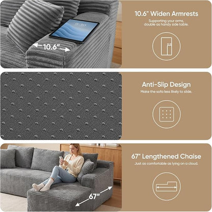 Boneless Couch, 102.4" Sectional Couches for Living Room with L Shape Sofa | Cloud Couch Sectional with Chaise, Modular Cloud Sofa with Deep Seat, No Assembly, Beige, Corduroy, Right Chaise