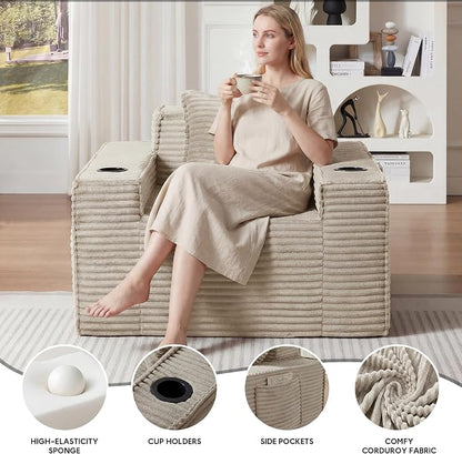 Boneless Sofa Couch with Cup Holders & Side Pockets, Modern Corduroy Fabric Deep Seat Single Cloud Couch for Reading Living Room Office, No Assembly (Camel)