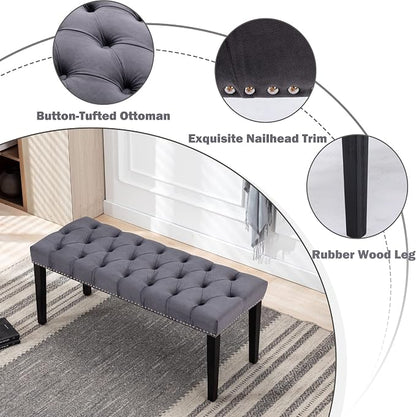 KCC Button-Tufted Ottoman Bench, Upholstered Bedroom Benches Velvet Footrest Stool Accent Bench for Entryway Dining Room Living Room Bedroom End of Bed, Dark Gray