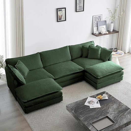 GNIXUU 111.5“ Oversized Modular Sectional Sofa, Comfy Cloud Couch for Living Room, Modern Chenille Large Deep Seat U Shaped Couch with Reversible Chaise & Cushions(5 Seater,Green)
