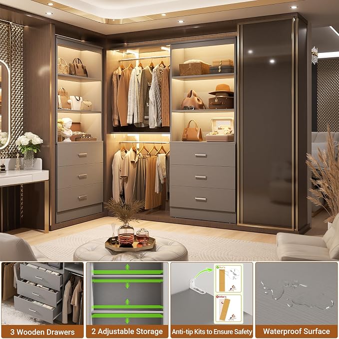Aheaplus 23.6" Closet Drawers System, Wood Closet Organizer System with 3 Drawers, Modular Small Walk-in Closets Storage Unit, Grey (23.6" L x 13.8" W x 71" H)