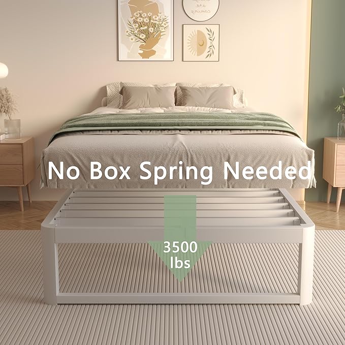 VYM 12 Inch Twin Bed Frame, Platform Bed Frames with Metal Gaskets, Anti-Slip Mattress Stopper, No Box Spring Needed, Heavy Duty Steel Slat Support, Round Corner Leg, Easy Assembly, White