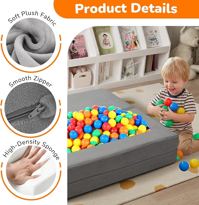 MeMoreCool Kids Play Couch Sofa – Grey Modular Convertible Foam Couch Soft Fold-Out Toddler Seating for Creative Play, Reading, Resting & Playroom Fun