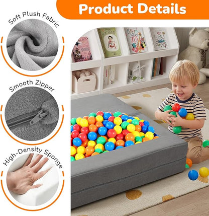 MeMoreCool Kids Play Couch Sofa – Grey Modular Convertible Foam Couch Soft Fold-Out Toddler Seating for Creative Play, Reading, Resting & Playroom Fun