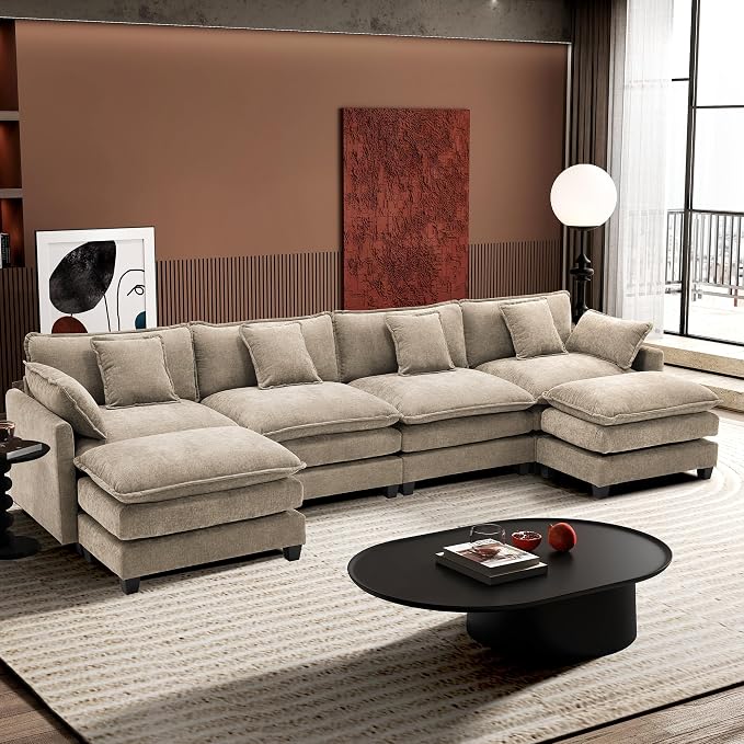Ihanherry 146" U-Shaped Modern Sofa Modular Sectional Luxurious and Comfortable with 2 Ottoman, 6-Seat Chenille Deep Seat Sofa with 6 Pillows for Living Room, Bedroom and Apartment, Sand