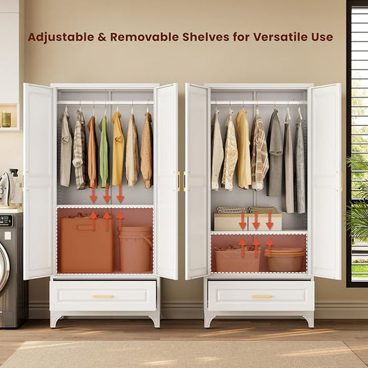 Metal Armoire Wardrobe Closet with Hanging Rod, 71" Tall Wardrobe Cabinet with Doors and Adjustable Shelves, Clothing Storage Cabinets with Drawer for Bedroom, Home