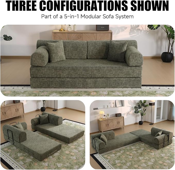 78.8" Memory Foam Boneless Couch, Corduroy Floor Sofa Bed, Convertible Sleeper Futon Loveseat, Wide Armrests & Back Support, Supports Up to 1200 lbs, Couch in a Box with 2 Pillows, Moss Green