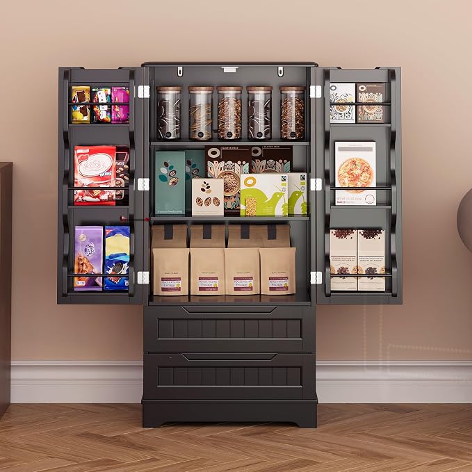 Gizoon Kitchen Pantry Cabinet with Drawers, 47" Small Food Pantry Storage Cabinet with 6 Door Shelves for Snack and Spice, Freestanding Craft Storage Cabinet for Craft Room, Black, Painted