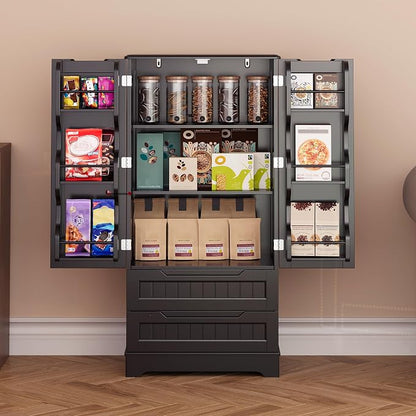 Gizoon Kitchen Pantry Cabinet with Drawers, 47" Small Food Pantry Storage Cabinet with 6 Door Shelves for Snack and Spice, Freestanding Craft Storage Cabinet for Craft Room, Black, Painted