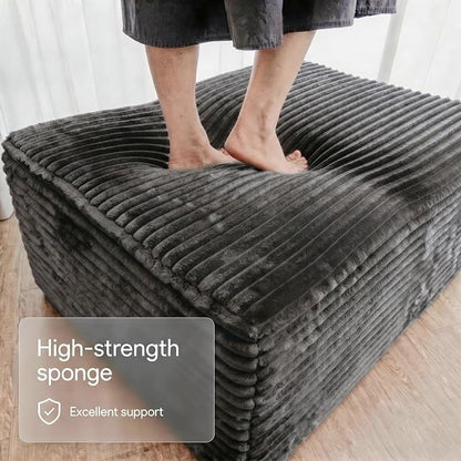 37.4" Charcoal Plush Corduroy Ottoman, Upholstered Cloud Ottoman for Boneless Couch in a Box, Modular Sectional Couches for Living Room Bedroom, Compressed Memory Foam, No Assembly Require, Dark Grey