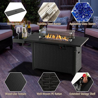 Tangkula Patio Propane Fire Pit Table, 52 Inch Wicker Gas Fire Pit with Wind Guard & Extended Shelf, 50,000 BTU Heat Output, Rectangular Fire Table with Blue Fire Stone & Waterproof Cover (Black)