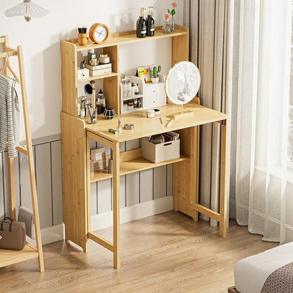 Bamboo Folding Desk with Bookshelf, Compact Computer Desk with Hutch for Small Spaces, Foldable Desk with Storage Shelf, Space-Saving Home Office Desk for Bedroom, Dorm, Apartment,Natural