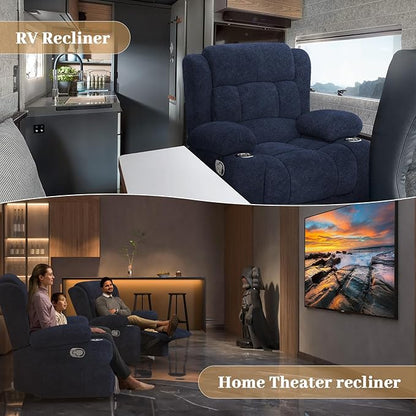 New Recliner Chair for Adults, Oversized Fabric Loveseat Recliner, Manual Pull Tab Reclining Chair with Cup Holders, Minimalist Style Single Sofa for Living Room, RV (Blue)