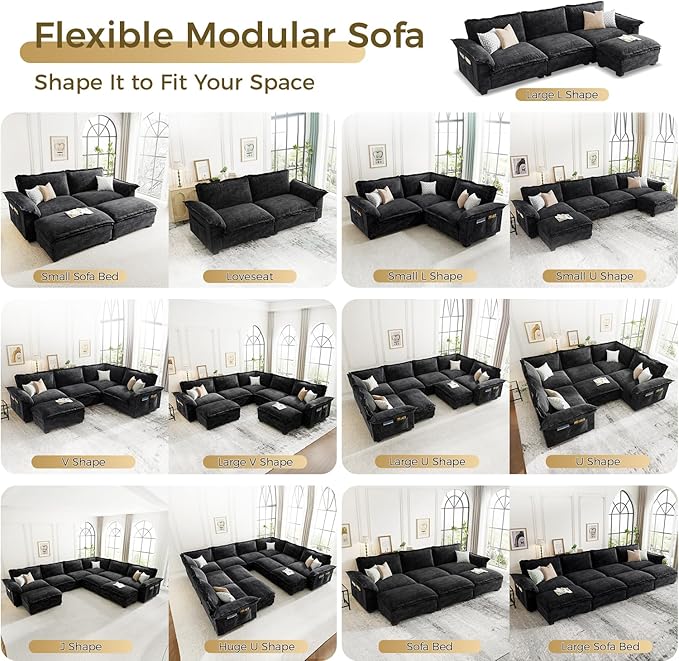 KKL Large J-Shaped Modular Sectional Sofa, 9 Seater Cloud Couch with Ottoman, Chenille Sectional Couches for Living Room, Apartment, Black
