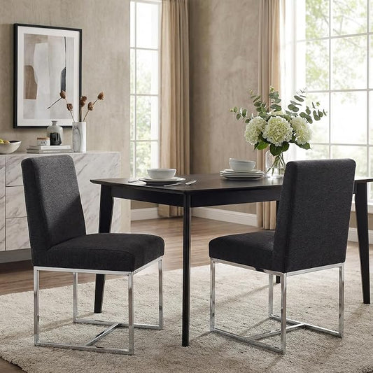 CIMOTA Black Modern Dining Chairs Set of 2, Upholstered Dining Room Chairs Armless Guest Side Chair with Chrome Base for Dining Room/Kitchen, Charcoal Black, 2PCS