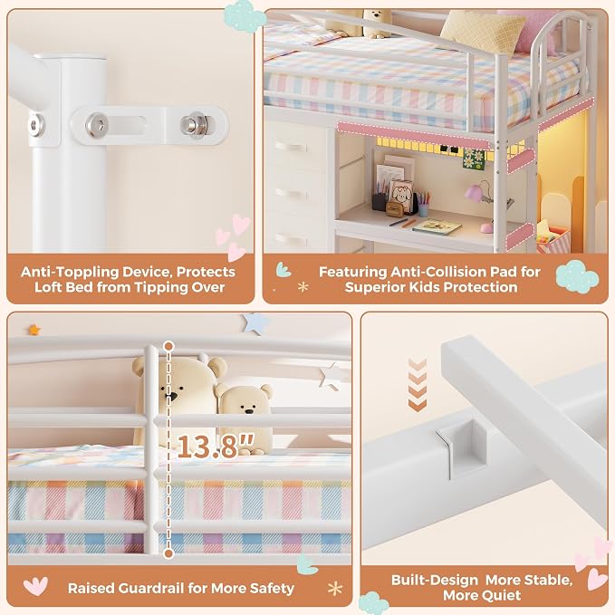 Low Loft Bed Twin Size with 7 Storage Drawers, Desk and LED Lights, Heavy Duty Metal Kids Loft Bed with 13.8" H Safety Guardrail, Anti-Collision Pad, Private Play Curtain, Under-Bed Play Space - Beige