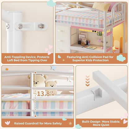Low Loft Bed Twin Size with 7 Storage Drawers, Desk and LED Lights, Heavy Duty Metal Kids Loft Bed with 13.8" H Safety Guardrail, Anti-Collision Pad, Private Play Curtain, Under-Bed Play Space - Beige