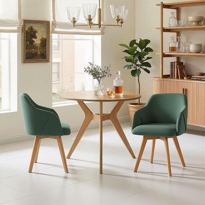 Swivel Dining Chairs Set of 2, Mid Century Modern Dining Chairs with Arms, Wood Legs, Linen Fabric Upholstered Kitchen Chairs for Dining Room Living Room, Comfortable Large Seat, Green