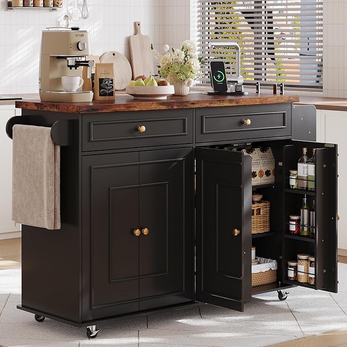 58 Inch Kitchen Island with Storage Cabinet, Island Table for Kitchen, Rolling Islands Cart with Power Outlet, Adjustable Shelves, Drawers, Spice and Towel & Knife Racks, Black