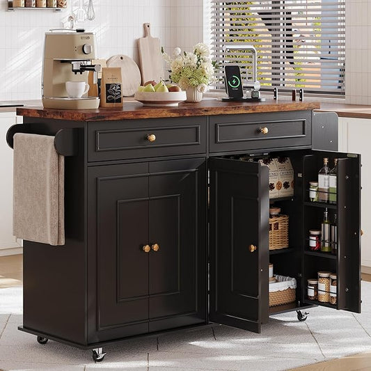 58 Inch Kitchen Island with Storage Cabinet, Island Table for Kitchen, Rolling Islands Cart with Power Outlet, Adjustable Shelves, Drawers, Spice and Towel & Knife Racks, Black