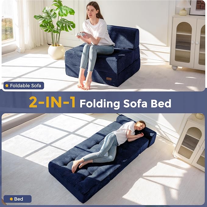 MAXYOYO 8" Folding Sofa Bed, Fold Out Chair Bed, Convertible Floor Sofa Couch, High-Density Foam Tufted Lounge Couch for Living Room Bedroom Dorm, Single, Navy