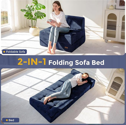 MAXYOYO 8" Folding Sofa Bed, Fold Out Chair Bed, Convertible Floor Sofa Couch, High-Density Foam Tufted Lounge Couch for Living Room Bedroom Dorm, Single, Navy