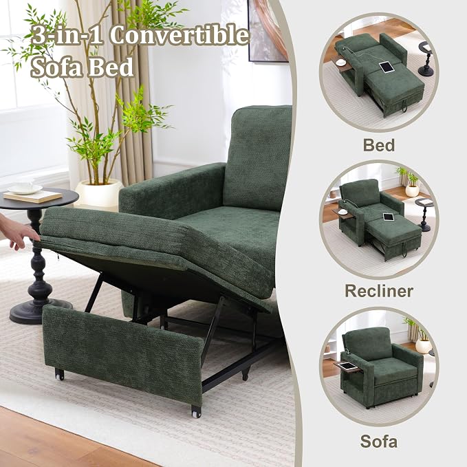 3 in 1 Folding Convertible Sleeper Sofa Bed Pull Out Couch with Side Pockets USB Port Side Table Single Sofa Bed with Adjustable Backrest for Living Room Bedroom 66" DarkGreen 1 SEAT