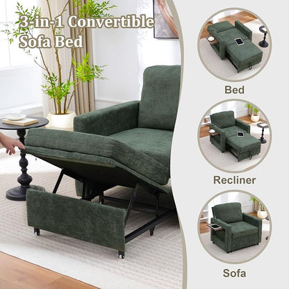 3 in 1 Folding Convertible Sleeper Sofa Bed Pull Out Couch with Side Pockets USB Port Side Table Single Sofa Bed with Adjustable Backrest for Living Room Bedroom 66" DarkGreen 1 SEAT