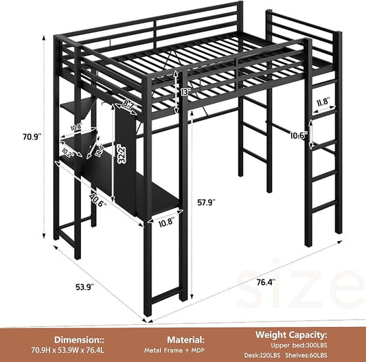 Shintenchi Loft Bed Full Size with Desk and Storage Shelves, Frame with 2 Side Ladders for Kids, Teens Adults, Spcace-Saving Noise-Free and Anti-tilt Design, Black