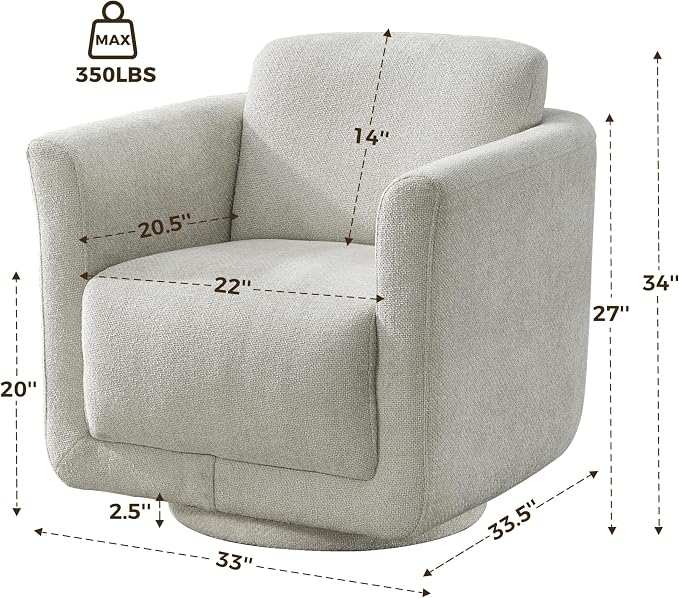 Swivel Accent Chair, 360° Barrel Chair with Solid Wood Frame & Removable Ergonomic Support Back Cushion, Fully Assembled Chenille Armchair for Living Room & Bedroom, Gray