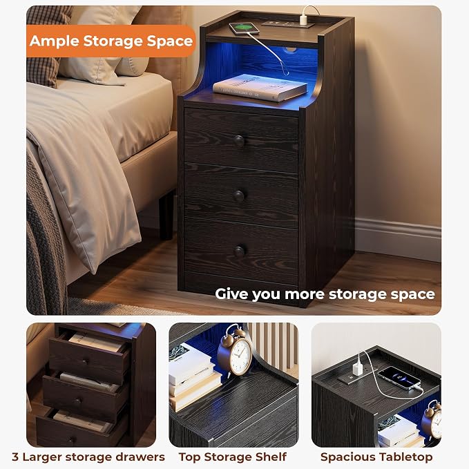 LIKIMIO Narrow Nightstand with Charging Station and LED Lights, Modern Night Stand, End Table with 3 Drawers, Open Shelf, Side Table for Living Room/Bedroom, Black