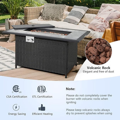 COSTWAY 52" Patio Propane Fire Pit Table, 50,000 BTU Outdoor Fire Table, Electric Pulse Ignition, Marble Tabletop & Weatherproof Rattan, Protective Cover Included, Perfect for Backyard, Poolside