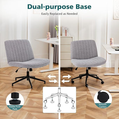 OLIXIS Criss Cross Chair with Wheels Wide Cross Legged Office Desk Vanity Chair Comfy Fabric Armless Height Adjustable Swivel for Home Computer Task Gray