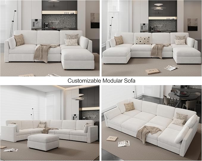 Oversized Modular Sectional Sofa V-Shaped Cloud Couches White | Extra Large Deep Seat Couch for Living Room, 6-Seater Luxury Corner Sofa, Solid Wood Frame, Removable Washable Cover