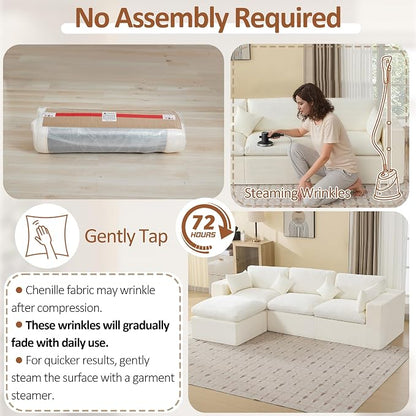 115''Cloud Boneless Sectional Couch, Modular Sectional Sofa Deep Seat with Ottoman, Oversized Upholstered Convertible Comfy 4 Seater Chenille Sofa L Shape Couches for Living Room, Beige