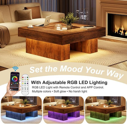 LVB Rustic Coffee Table, Large Wood Living Room Table with Storage, Modern Low Wide Square Led Center Table, Farmhouse Unique Tea Table with LED Light for bedroom Home Office, 39.37 Inch, Rustic Brown