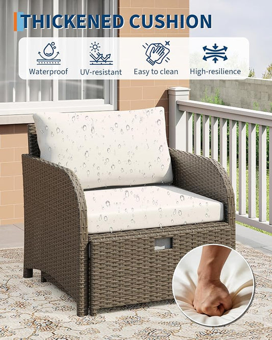 Garvee 5-Piece Outdoor Patio Conversation Set, PE Rattan Wicker Patio Furniture with Hidden Ottomans, Soft Cushions & Glass Coffee Table, Outdoor Lounge Chairs for Porch, Backyard, Balcony