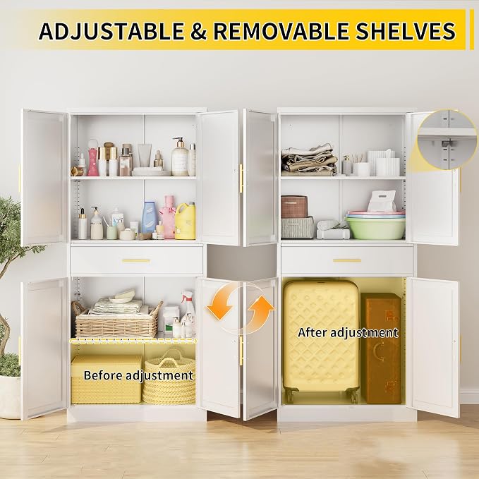 Metal Kitchen Pantry Cabinet, 71"Tall Cabinet with 1 Drawer, Doors and 2 Adjustable Shelves, Pantry Cabinets for Kitchen Storage, Metal Storage Cabinet for Kitchen, Dining Room, Living Room- White