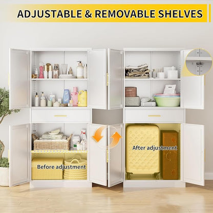 Metal Kitchen Pantry Cabinet, 71"Tall Cabinet with 1 Drawer, Doors and 2 Adjustable Shelves, Pantry Cabinets for Kitchen Storage, Metal Storage Cabinet for Kitchen, Dining Room, Living Room- White