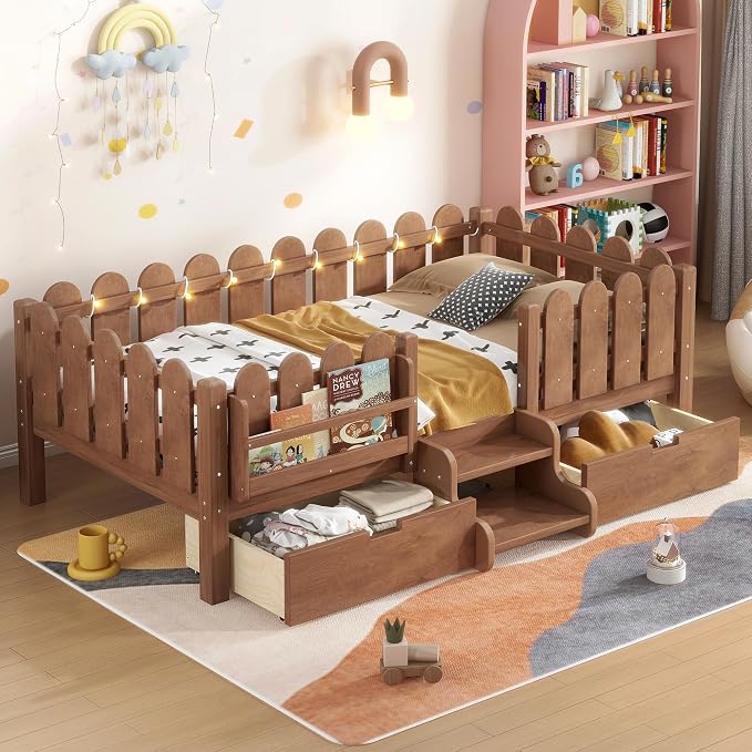 Bellemave Twin Montessori Bed with Stairs, Lights, Rails and Slats, Twin Size Montessori Floor Bed with Bookshelf and 2 Storage Drawers, Easy Assemble Beds Frame for Girls, Boys, Natural